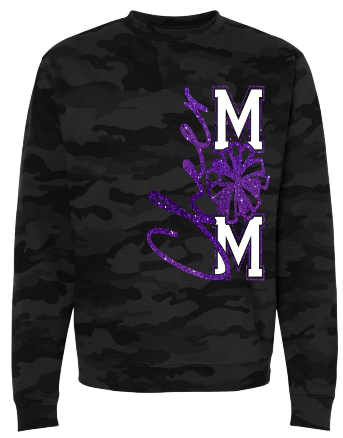 Crew Neck Black Camo Cheer Mom Faux Glitter Vert